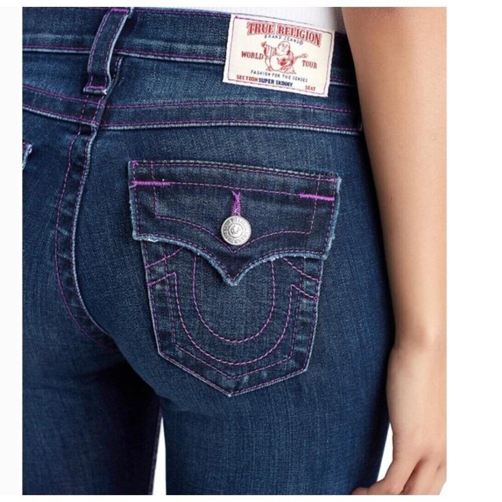 NWT True Religion Super Skinny Distressed Jeans Womens 25 Neon Purple Stitch